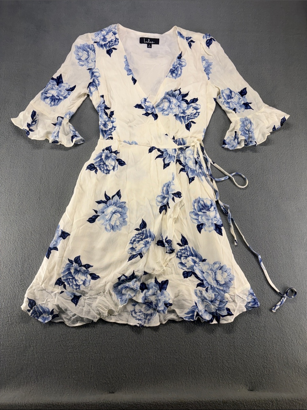 Lulus Floral Wrap Dress Size Small Ivory Blue Bell Sleeve Ruffle Hem Boho